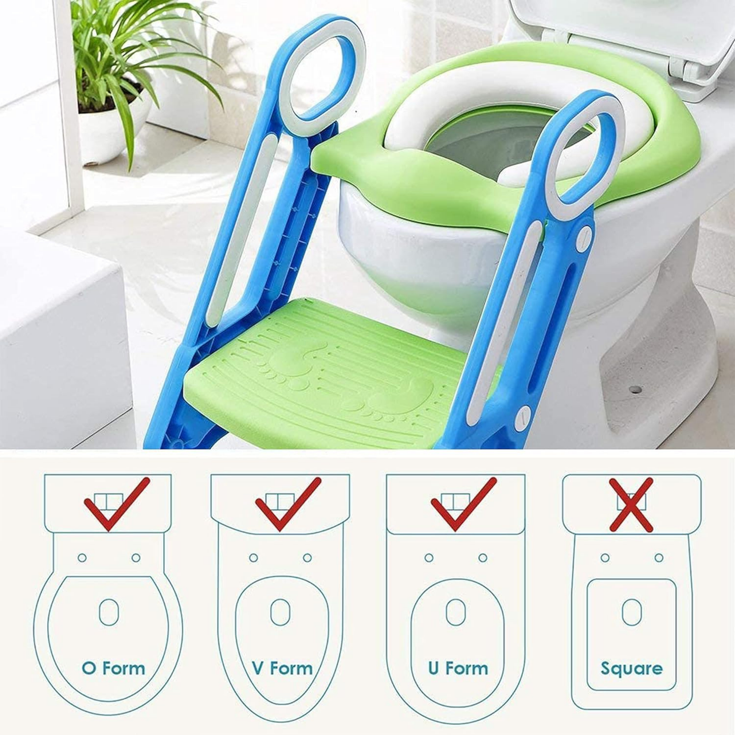 Straame Toddler Toilet Ladder Seat - Adjustable Potty-Training Seat, Soft Cushion Seat and Anti-Slip Steps Design - Easy to Install Portable Children Potty Training Chair (Green-Blue)