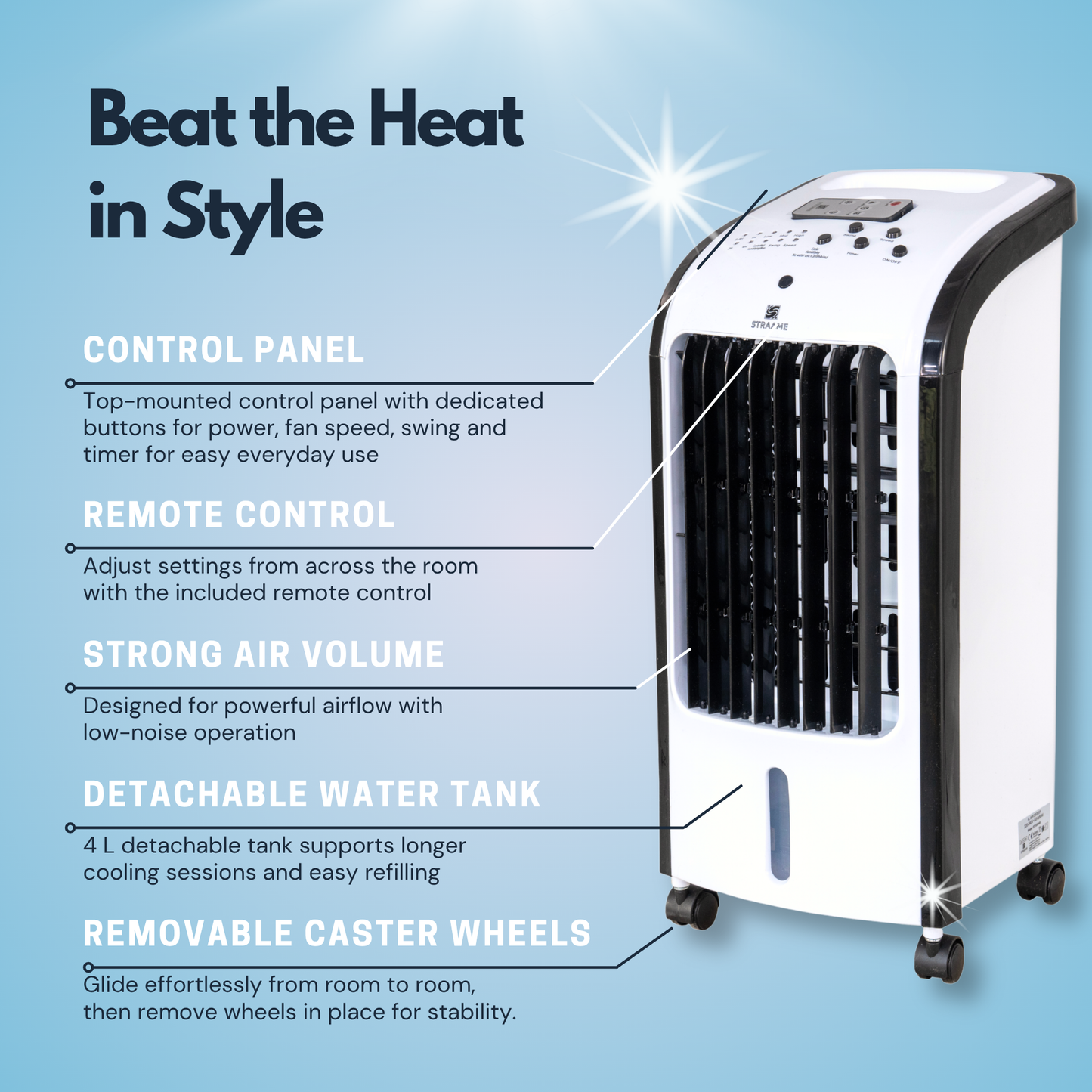 Straame Evaporative Air Cooler with Humidifier, 4L Detachable Tank, Remote Control, 2 Ice Packs, 3 Speeds, 7.5 Hour Timer, Portable Air Cooler for Bedroom, Room Cooler with Auto Swing & Caster Wheels