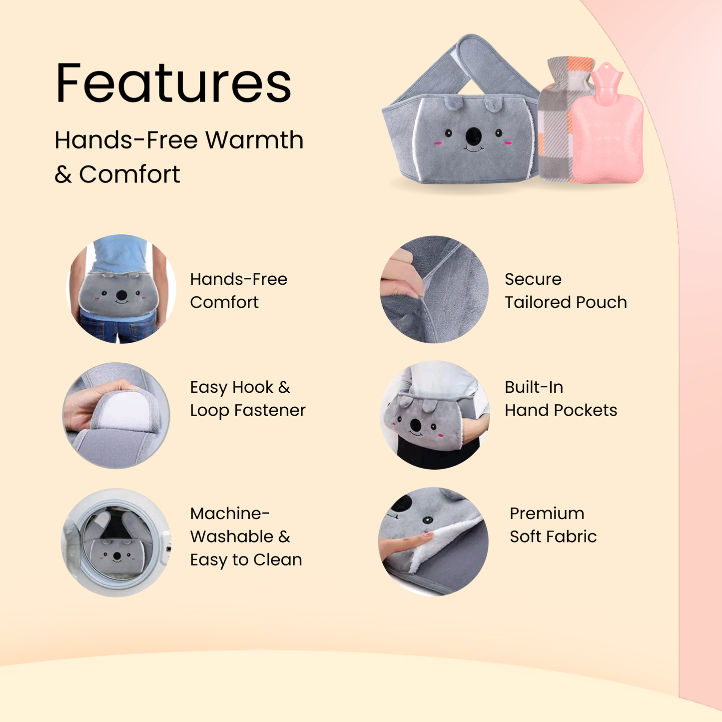 Straame Adjustable Wearable Hot Water Bottle Belt – 1L, 65 inches (165 cm) – Cozy Koala for Period Cramps, Back, Neck & More – Hands-Free Pain Relief – Included Hot Water Bottle, Belt & Cover (Pink)