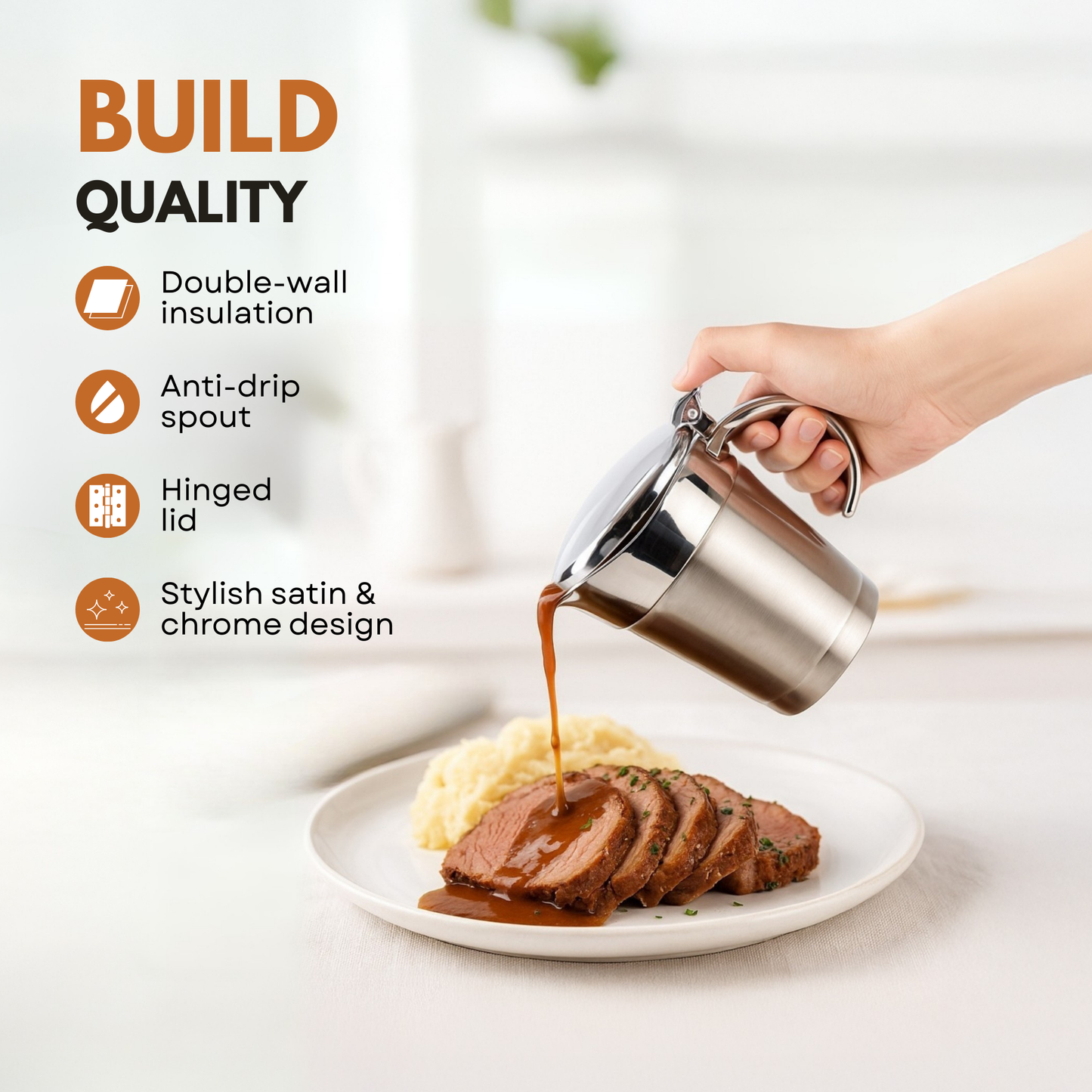 Straame 500ml Stainless Steel Gravy Boat, Double-Wall Insulated Jug (Up to 2 Hours Hot or Cold), Anti-Drip Spout, Hinged Lid, Ergonomic Handle for Gravy, Custard, Cream and Sauces