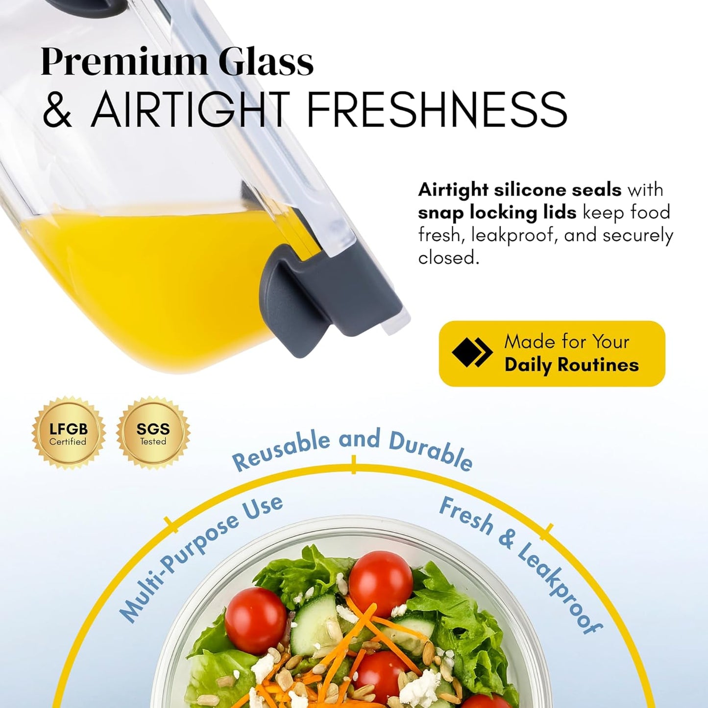 Straame Glass Meal Prep Containers with Airtight Lids – 10-Pack (5×950ml + 5×400ml) – Reusable Glass Food Storage Containers with Lids – Leakproof, Freezer, Ov-en, Microwave & Dishwasher Safe (Round)