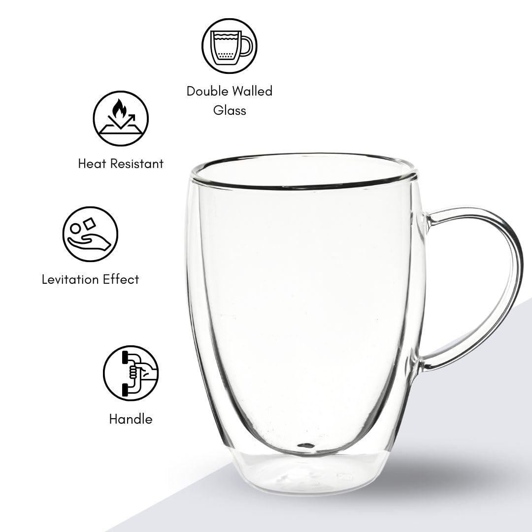 Straame Set of Coffee Glasses, Temperature Resistant Coffee Cups, Stylish Tea and Coffee Pack of Clear Coffee Mugs with Square Handle (350 ml Double Walled 4PK)