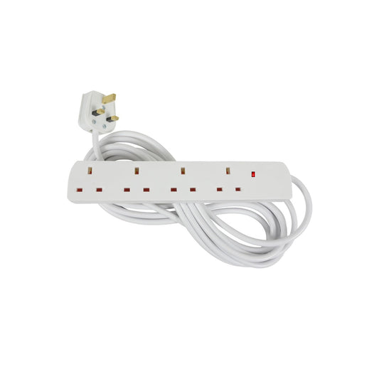 Straame White Extension Lead with 4 Gangs UK Socket Outlet, Secure Power Expansion, Convenient and Slim Socket for Multi-Device Connectivity – 2m Cable - 1 pack