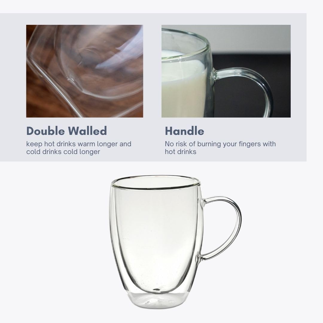 Straame Set of Coffee Glasses, Temperature Resistant Coffee Cups, Stylish Tea and Coffee Pack of Clear Coffee Mugs with Square Handle (350 ml Double wallled 2PK)