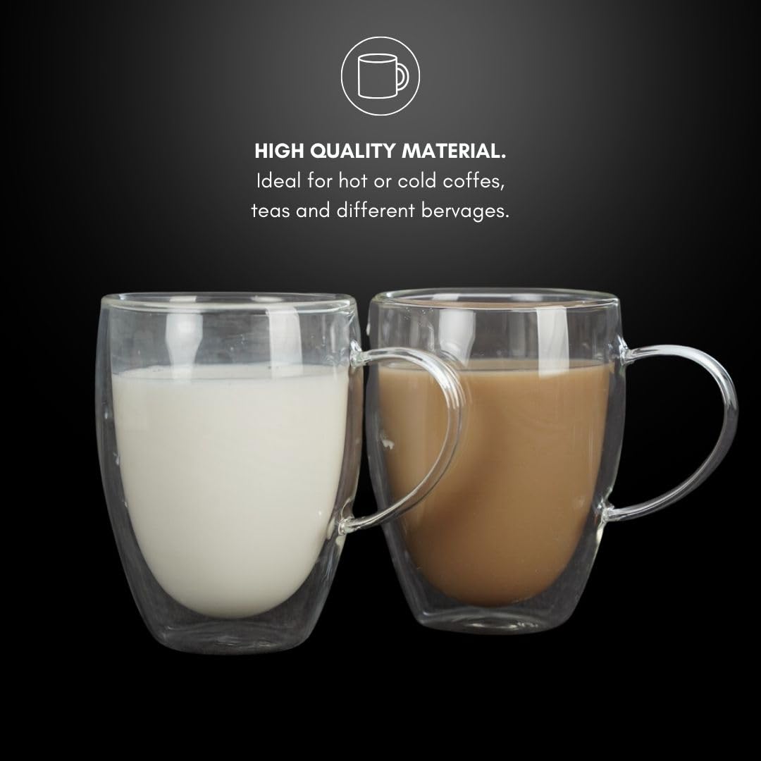 Straame Set of Coffee Glasses, Temperature Resistant Coffee Cups, Stylish Tea and Coffee Pack of Clear Coffee Mugs with Square Handle (350 ml Double Walled 4PK)