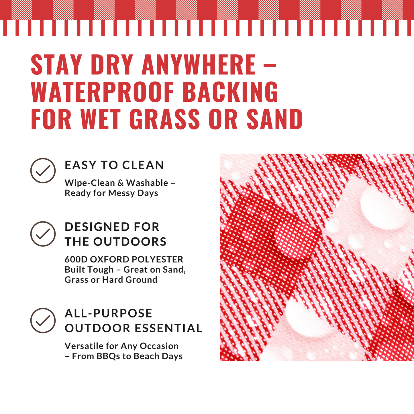 Straame Waterproof Picnic Blanket – Large 200x140cm Foldable Outdoor Blanket with Carry Handle – Ideal for Camping, Beach, Garden & Festivals – Timeless Gingham Design (Red)