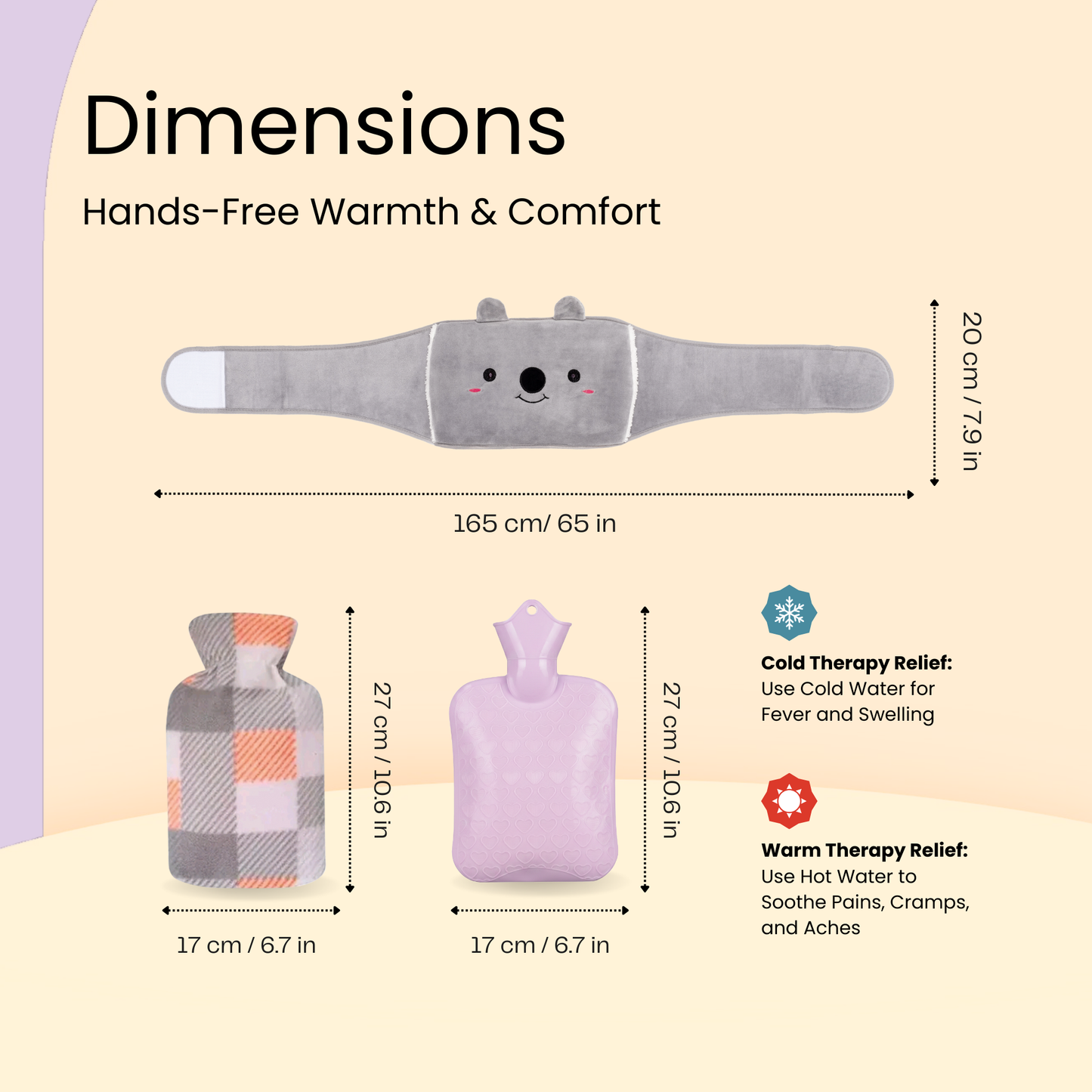 Straame Adjustable Wearable Hot Water Bottle Belt – 1L, 65 inches (165 cm) – Cozy Koala for Period Cramps, Back, Neck & More – Hands-Free Pain Relief – Included Hot Water Bottle, Belt & Cover (Purple)