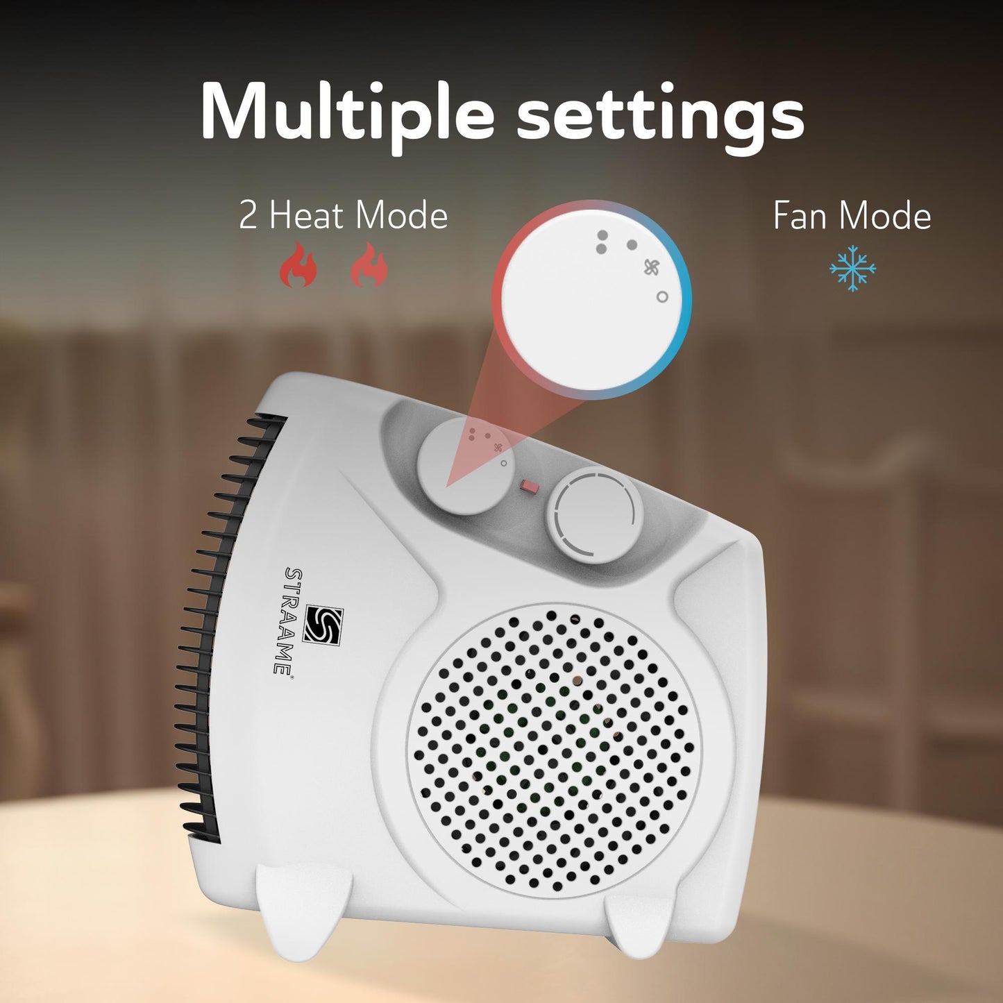 Straame Portable Fan Heater with Variable Thermostat, 2 Heat Settings & Fan Mode Room Electric Heater, Easy to Use, Compact Design with Carry Handle Heater