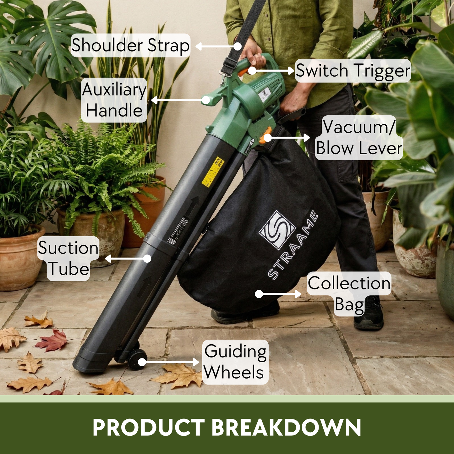 Straame 3-in-1 Leaf Blower and Vacuum 3500W, Garden Vacuum, Blower and Mulcher, Clears Lawns, Patios and Driveways, Extra-Large 45L Collection Bag, 10m Cable, Shoulder Strap and Wheels