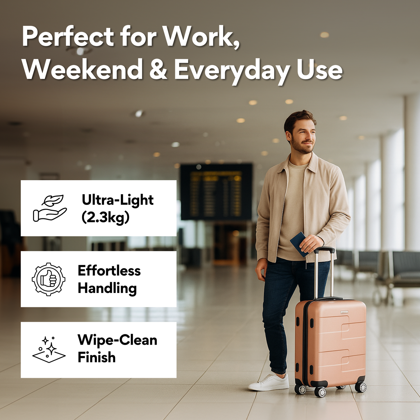 WORLD EXPLORER Cabin Suitcase | ABS Hard Shell with 360° Spinner Wheels & Com-bination Lock | Lightweight Cabin Luggage and Suitcase 34L – Ryanair Priority Size Travel Bag - Rose Gold, 55x40x20 CM