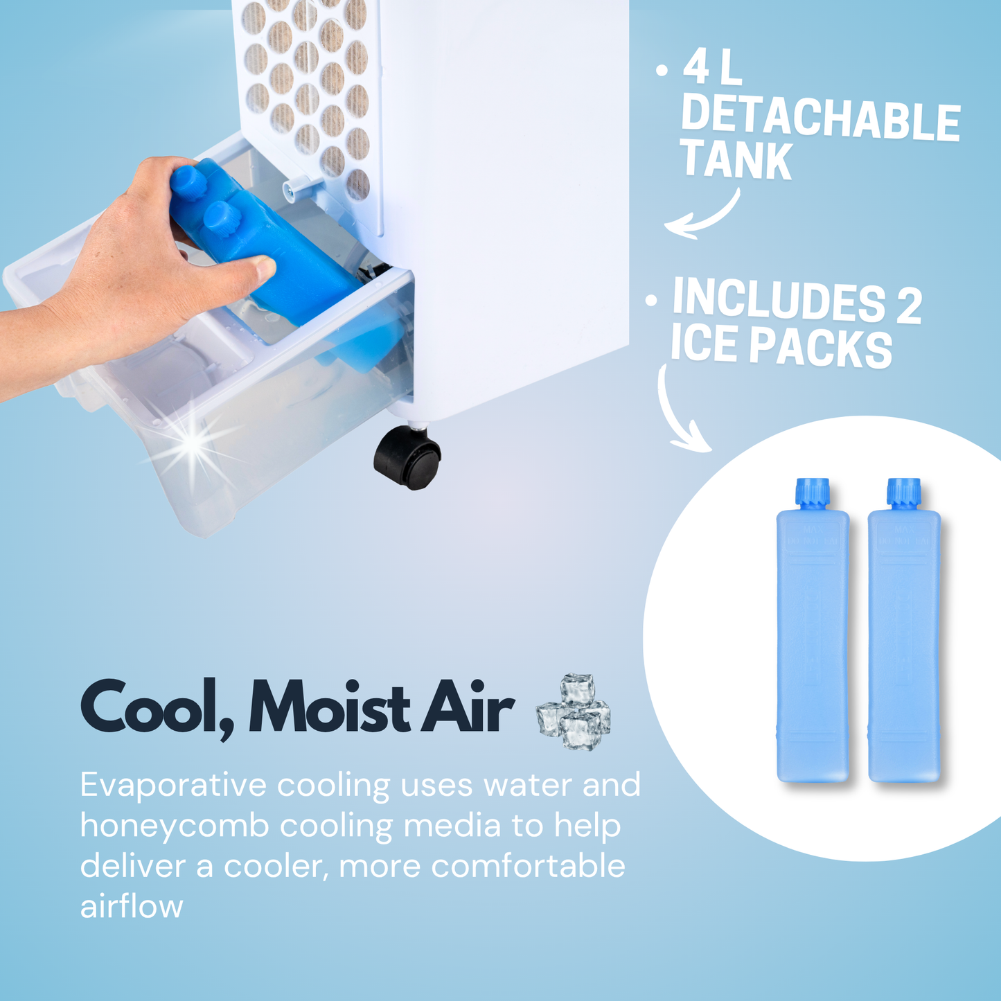 Straame Evaporative Air Cooler with Humidifier, 4L Detachable Tank, Remote Control, 2 Ice Packs, 3 Speeds, 7.5 Hour Timer, Portable Air Cooler for Bedroom, Room Cooler with Auto Swing & Caster Wheels