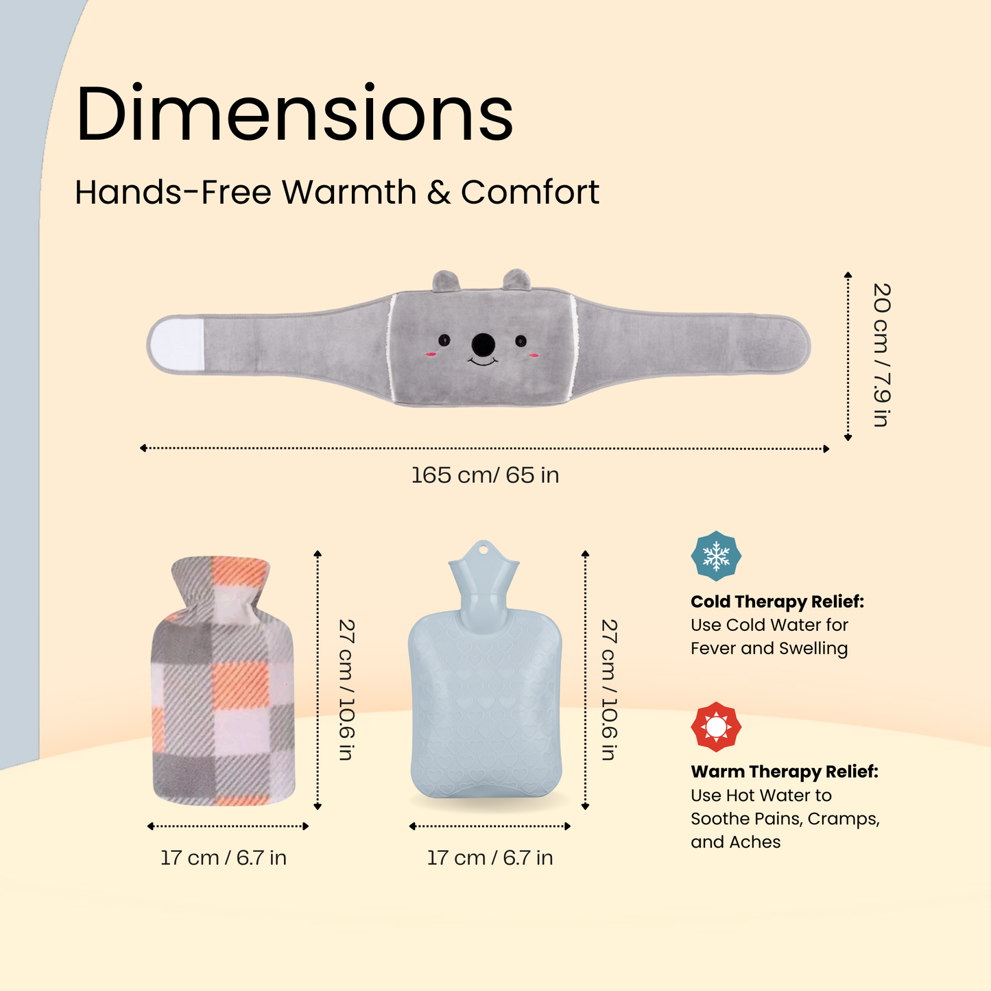 Straame Adjustable Wearable Hot Water Bottle Belt – 1L, 65 inches (165 cm) – Cozy Koala for Period Cramps, Back, Neck & More – Hands-Free Pain Relief – Included Hot Water Bottle, Belt & Cover (Blue)