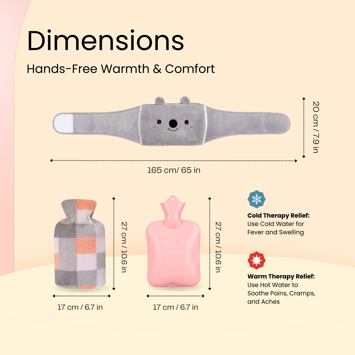 Straame Adjustable Wearable Hot Water Bottle Belt – 1L, 65 inches (165 cm) – Cozy Koala for Period Cramps, Back, Neck & More – Hands-Free Pain Relief – Included Hot Water Bottle, Belt & Cover (Pink)