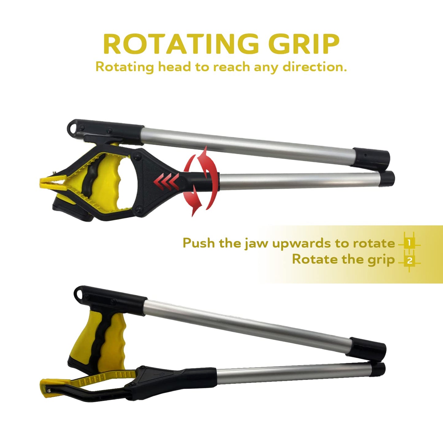 Straame - Foldable Litter Picker Long Arm Rubbish Pick Up Tool with Magnetic Tip, Ergonomic Handle with Rotating Head - Grabber Stick Trash Picker - Anti-Slip Grip - Foldable Reaching Tool (1, Yellow)