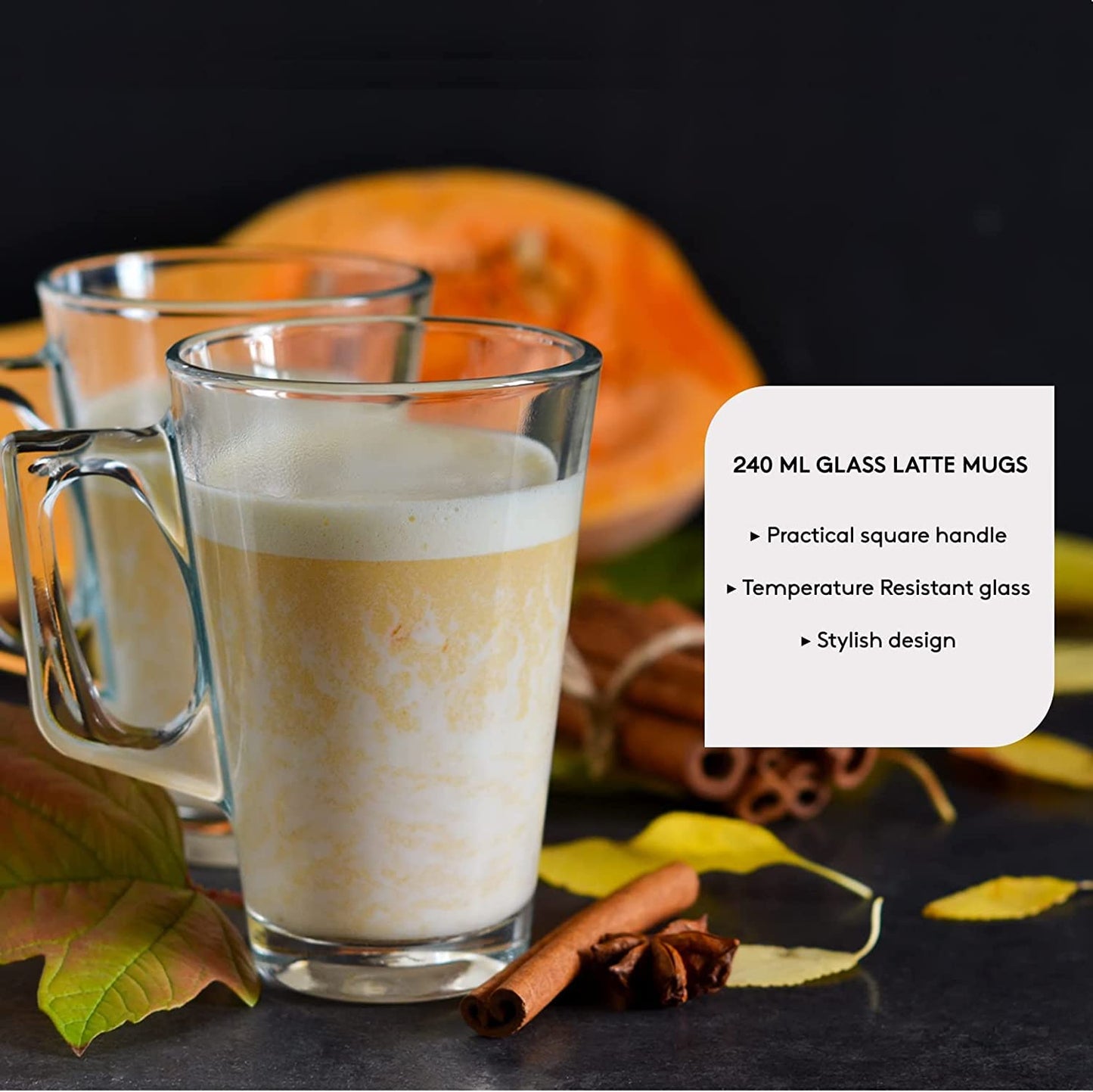 Straame - Set of 6 Latte Glasses, 240 ml Temperature Resistant - Stylish Coffee/Tea Cups, Hot Drink Cafe Mugs - Ideal for Ice Cream Latte, Espresso, Cappuccino & Hot Chocolate -Mugs with Handle