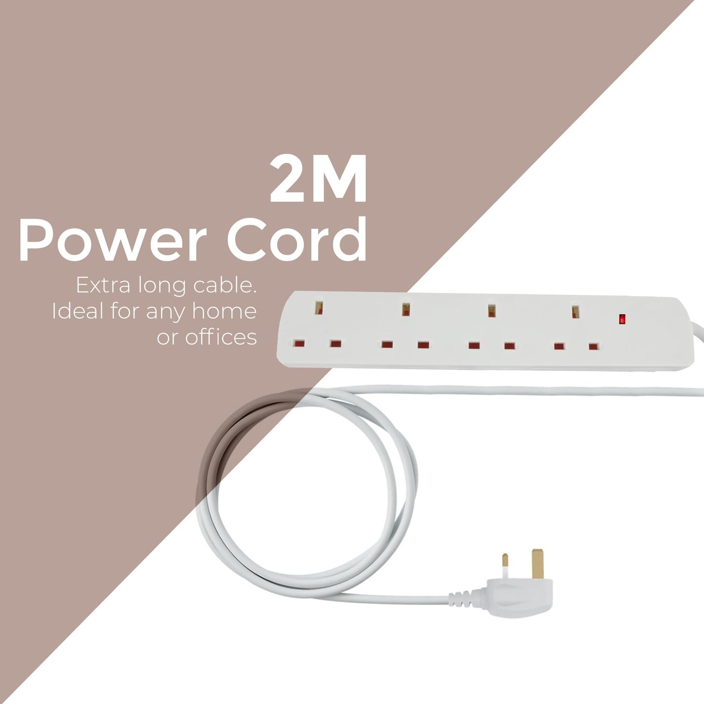 Straame White Extension Lead with 4 Gangs UK Socket Outlet, Secure Power Expansion, Convenient and Slim Socket for Multi-Device Connectivity – 2m Cable - 2 pack