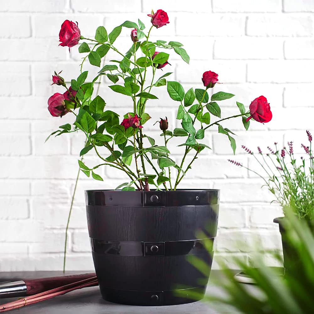 Straame Plant Pot Tub, 50 Liters Gardening Flower Pots - Indoor Or Outdoor Planter - Multi-Purpose - Makes Your Living Space Bloom (Black Barrel Plantar Large- 45x33x34 cm)