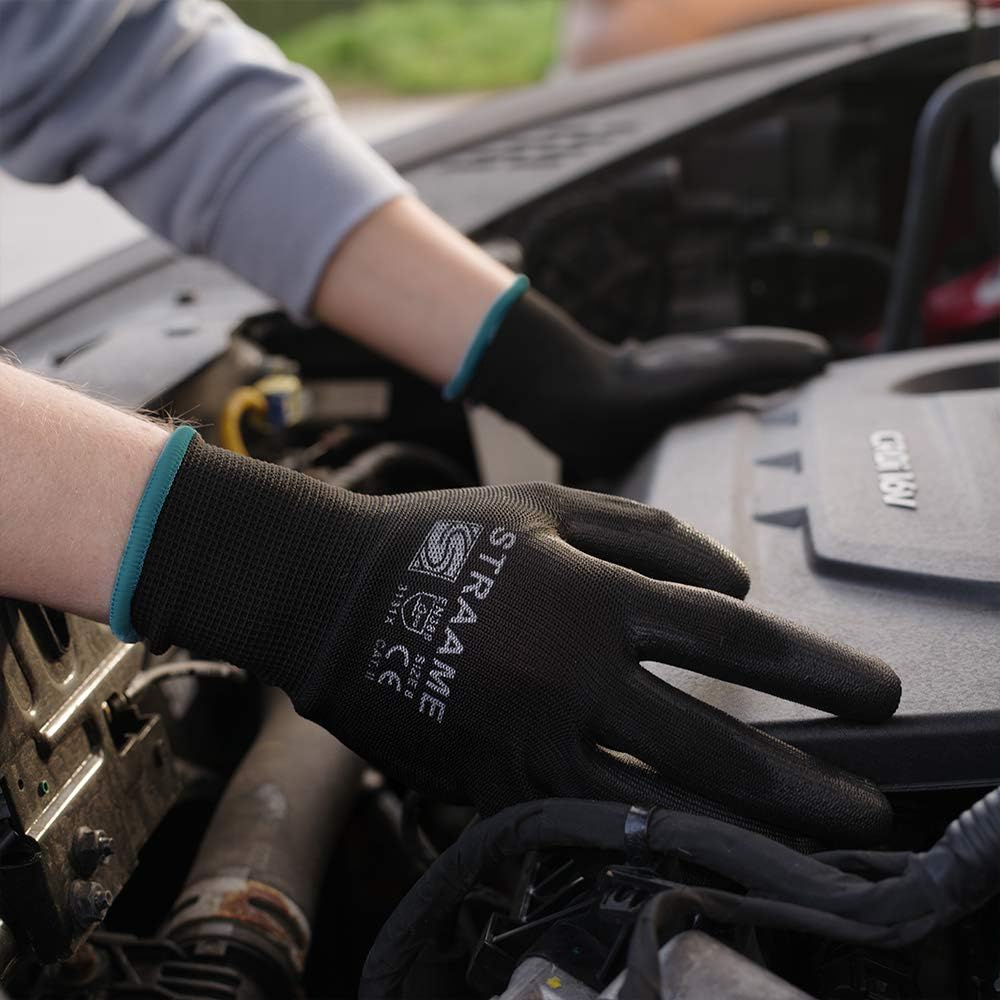 Straame Pack of 12 or 24 Black Safety Work Gloves, Outdoors PU and Nylon Non-Slip Work Handling Gloves, Good Dexterity Firm Grip Protective Working Gloves Size (Pack of 12 Pair's, M)