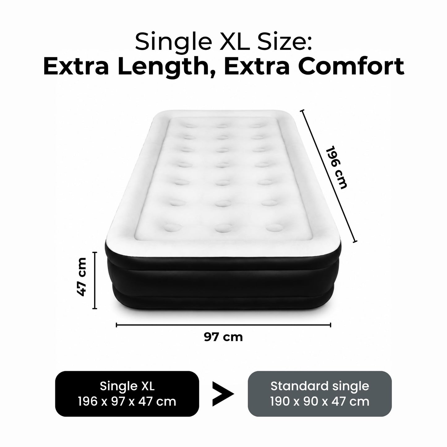 Straame Single XL Air Bed with Built-in Pump, Inflatable Mattress 196 x 97 x 47 cm, Blow Up Guest Bed, Self Inflating Camping Mattress with Carry Bag for Home Travel Sleepovers Guests Home Camping Use