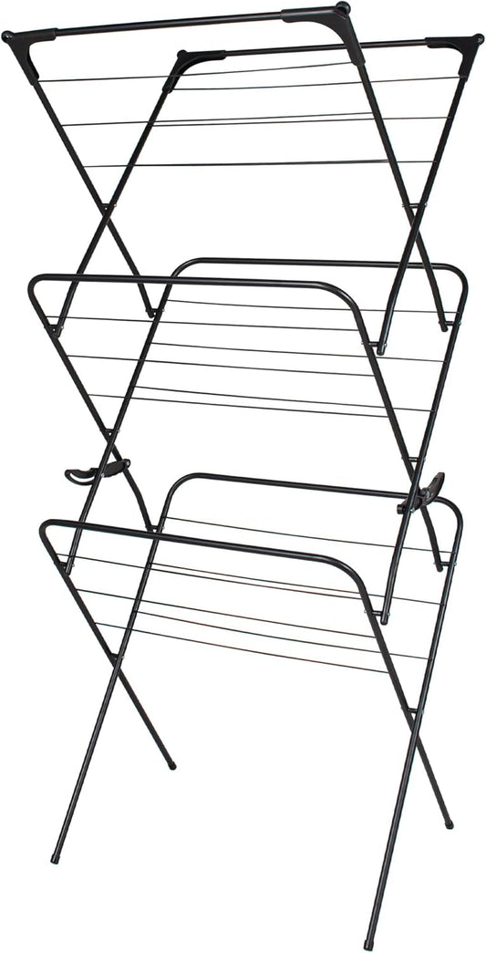 Straame 3 Tier Clothes Airer Drying Indoor and Outdoor Laundry Rack with Non-Slip Feet and Corner Spaces for Hangers, Flat Foldable Space Saving, 63 x 46 138 (Black)