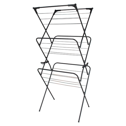Straame 3 Tier Clothes Airer Drying Indoor and Outdoor Laundry Rack with Non-Slip Feet and Corner Spaces for Hangers, Flat Foldable Space Saving, 63 x 46 138 (Black)