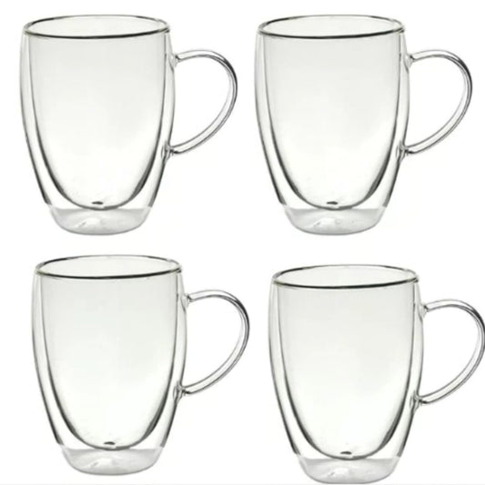 Straame Set of Coffee Glasses, Temperature Resistant Coffee Cups, Stylish Tea and Coffee Pack of Clear Coffee Mugs with Square Handle (350 ml Double Walled 4PK)
