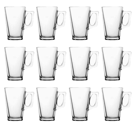 Straame - Set of 12 Latte Glasses, 240 ml Temperature Resistant - Stylish Coffee/Tea Cups, Hot Drink Cafe Mugs - Ideal for Ice Cream Latte, Espresso, Cappuccino & Hot Chocolate-Clear Mugs with Handle