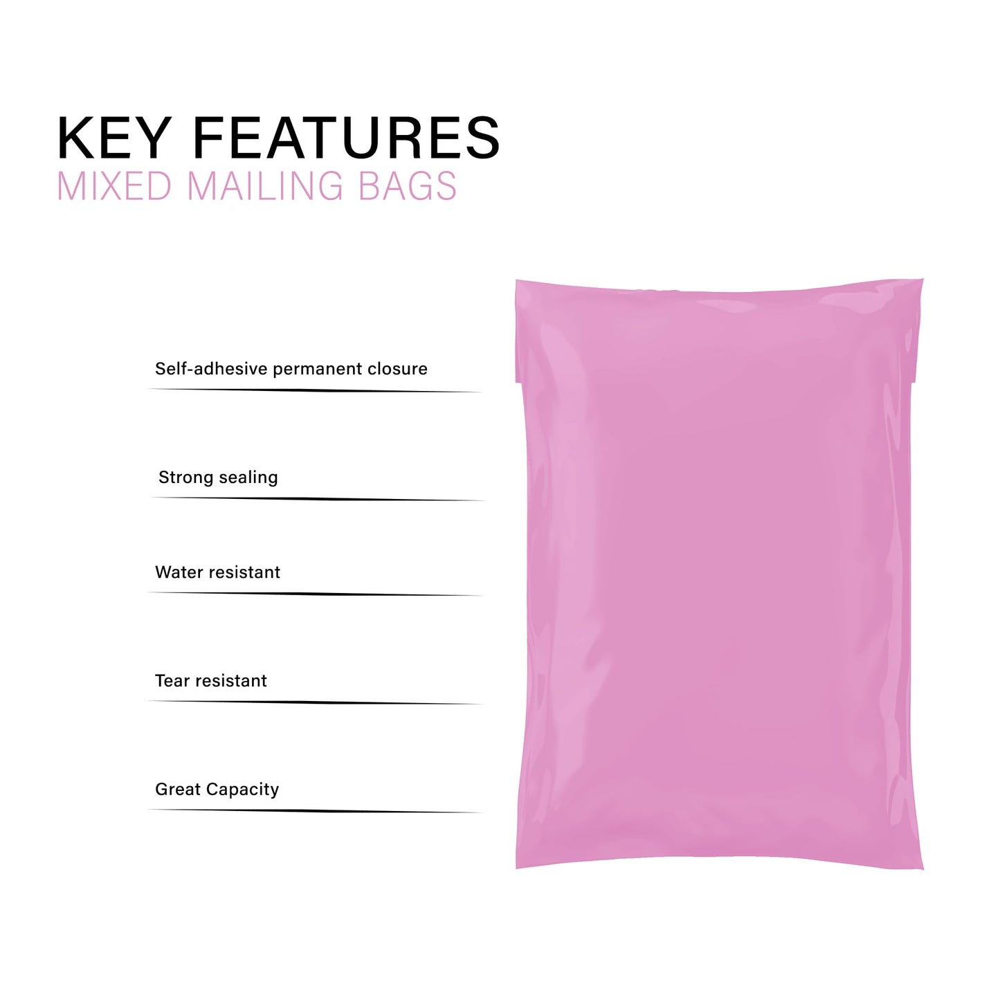 Mixed Size Grey Mailing Postal Bags, Self-Seal Closure Packaging Mailers, Delivery Mailing Bag Flexible and Tempered Proof, Secure Small to Large Postal Mailers (Pink, 60)