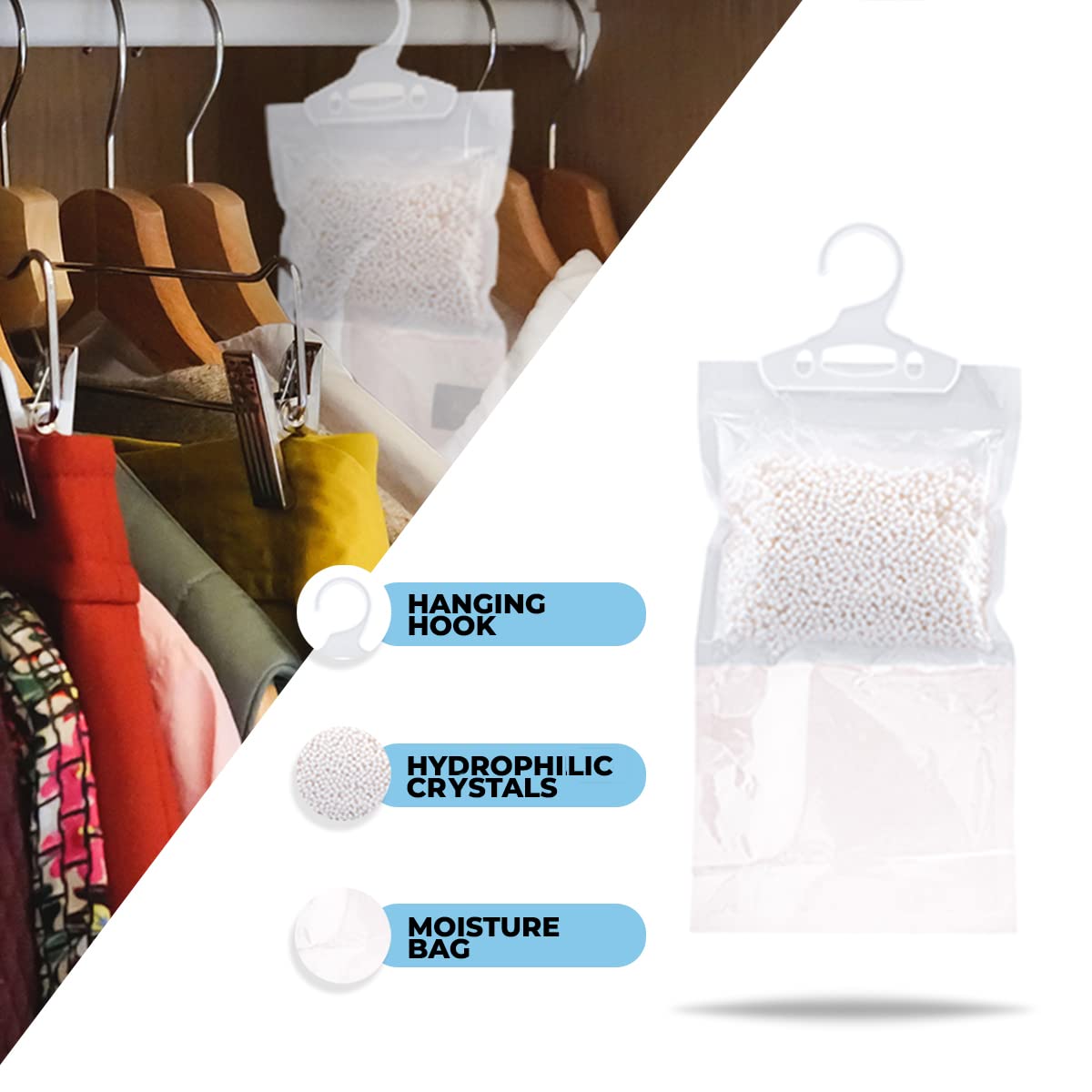 Straame Interior Hanging Dehumidifier | Absorbs Damp, Mildew, Mould and Condensation | Easy to Use and Long Lasting | Hydrophilic Crystals Small Dehumidifier| Ideal for Wardrobes (Pack of 12)