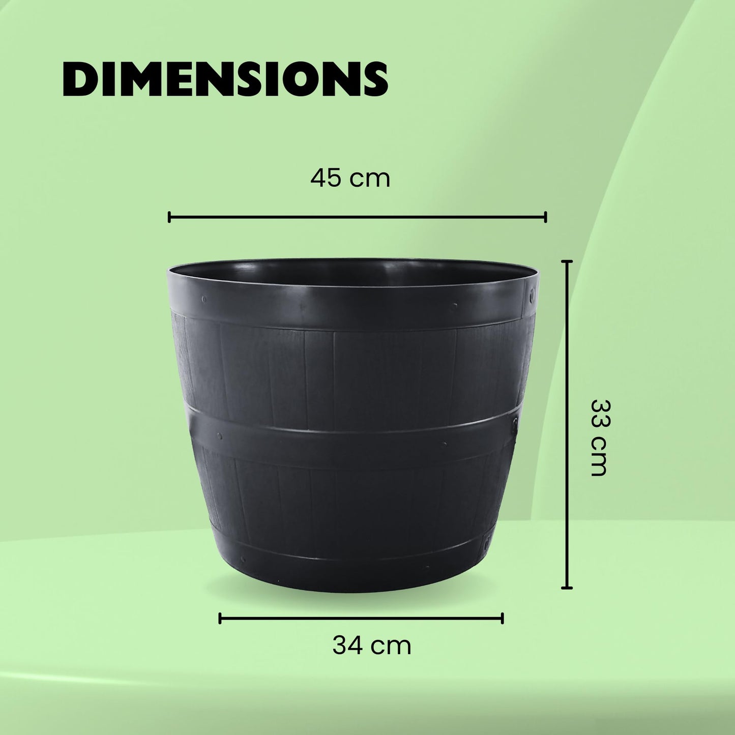 Straame Plant Pot Tub, 50 Liters Gardening Flower Pots - Indoor Or Outdoor Planter - Multi-Purpose - Makes Your Living Space Bloom (Black Barrel Plantar Large- 45x33x34 cm)