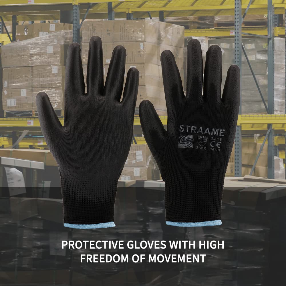 Straame Pack of 12 or 24 Black Safety Work Gloves, Outdoors PU and Nylon Non-Slip Work Handling Gloves, Good Dexterity Firm Grip Protective Working Gloves Size (Pack of 12 Pair's, L)
