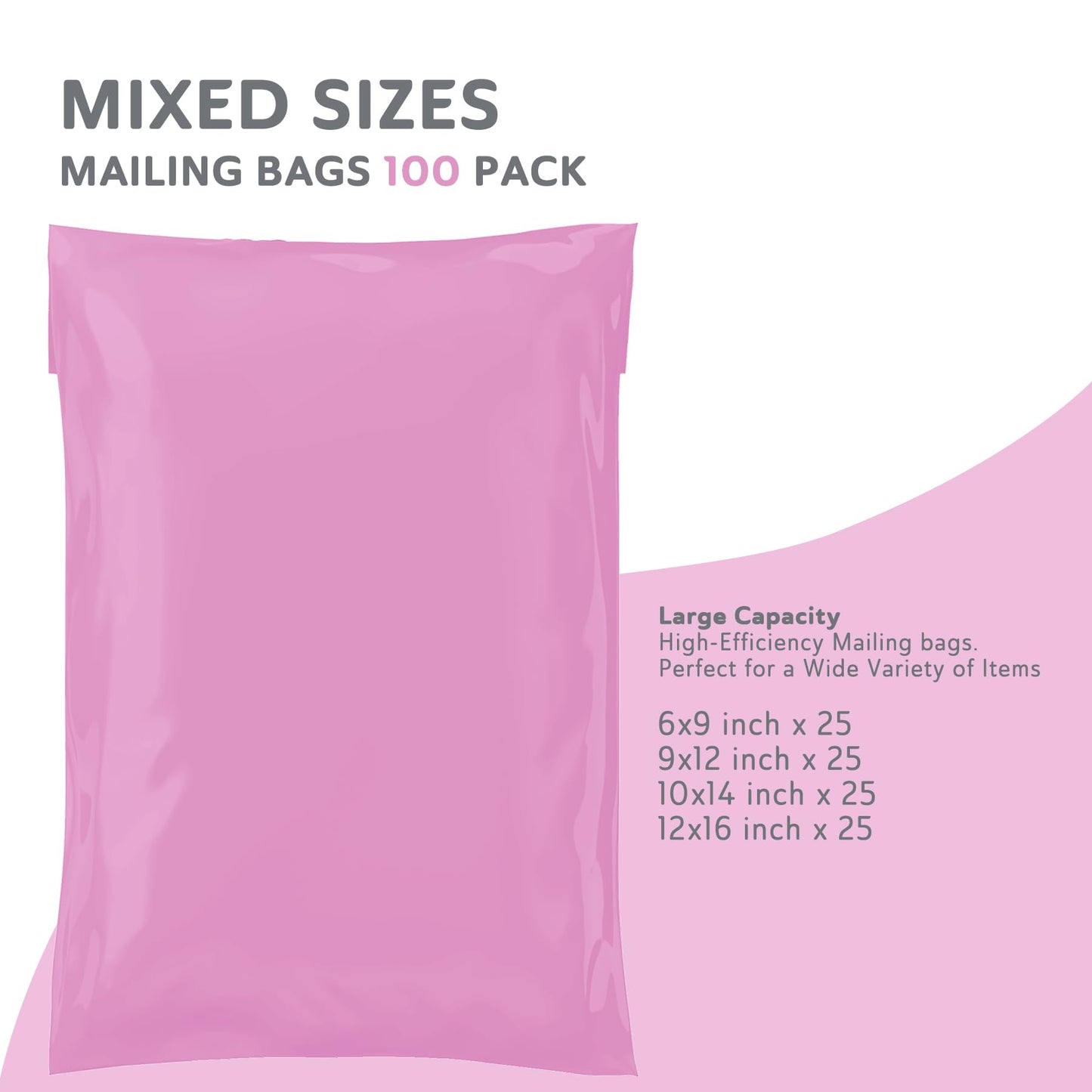Mixed Size Grey Mailing Postal Bags, Self-Seal Closure Packaging Mailers, Delivery Mailing Bag Flexible and Tempered Proof, Secure Small to Large Postal Mailers (Pink, 100)