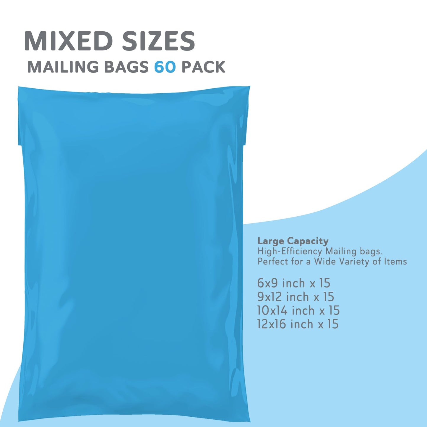 Mixed Size Grey Mailing Postal Bags, Self-Seal Closure Packaging Mailers, Delivery Mailing Bag Flexible and Tempered Proof, Secure Small to Large Postal Mailers (Blue, 60)