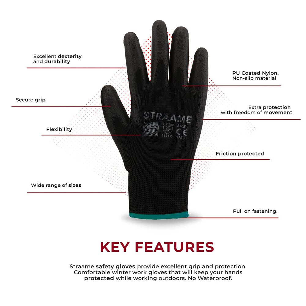 Straame Pack of 12 or 24 Black Safety Work Gloves, Outdoors PU and Nylon Non-Slip Work Handling Gloves, Good Dexterity Firm Grip Protective Working Gloves Size (Pack of 12 Pair's, M)