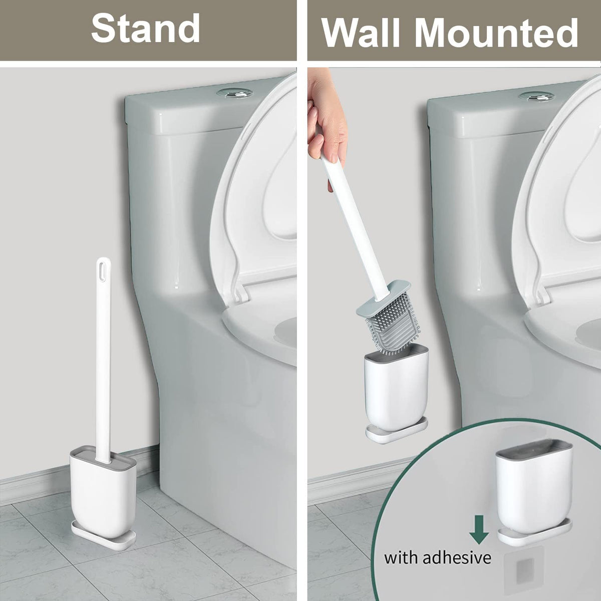 Straame White Silicone Toilet Brush with Holder, Soft Flexible Head, 2 Pack