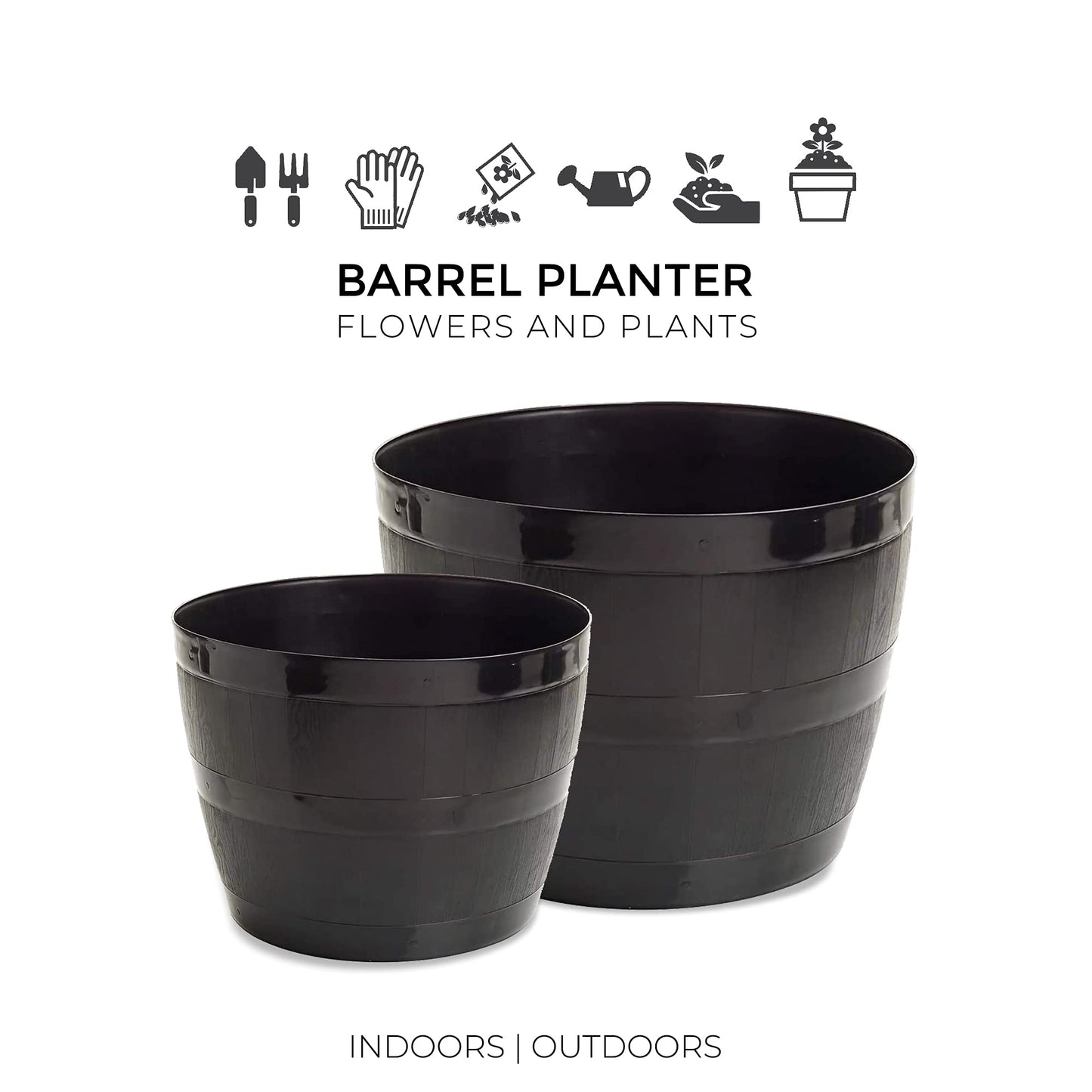 Straame Plant Pot Tub, 50 Liters Gardening Flower Pots - Indoor Or Outdoor Planter - Multi-Purpose - Makes Your Living Space Bloom (Black Barrel Plantar Large- 45x33x34 cm)