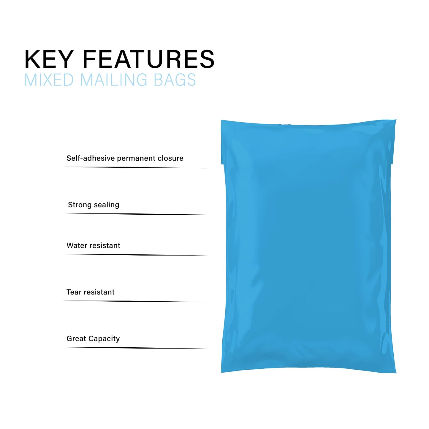 Mixed Size Grey Mailing Postal Bags, Self-Seal Closure Packaging Mailers, Delivery Mailing Bag Flexible and Tempered Proof, Secure Small to Large Postal Mailers (Blue, 100)