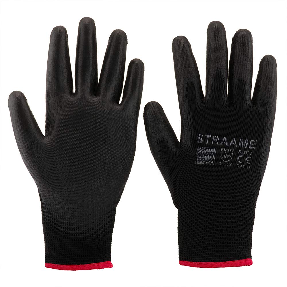Straame Pack of 12 or 24 Black Safety Work Gloves, Outdoors PU and Nylon Non-Slip Work Handling Gloves, Good Dexterity Firm Grip Protective Working Gloves Size (Pack of 24 Pair's, M)