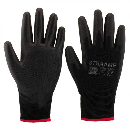 Straame Pack of 12 or 24 Black Safety Work Gloves, Outdoors PU and Nylon Non-Slip Work Handling Gloves, Good Dexterity Firm Grip Protective Working Gloves Size (Pack of 24 Pair's, XL)