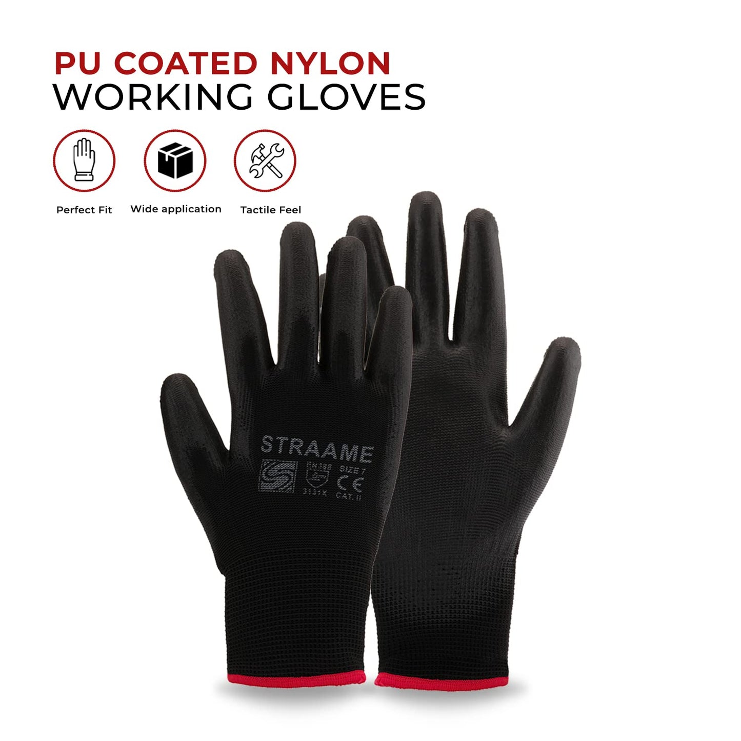 Straame Pack of 12 or 24 Black Safety Work Gloves, Outdoors PU and Nylon Non-Slip Work Handling Gloves, Good Dexterity Firm Grip Protective Working Gloves Size (Pack of 12 Pair's, XL)