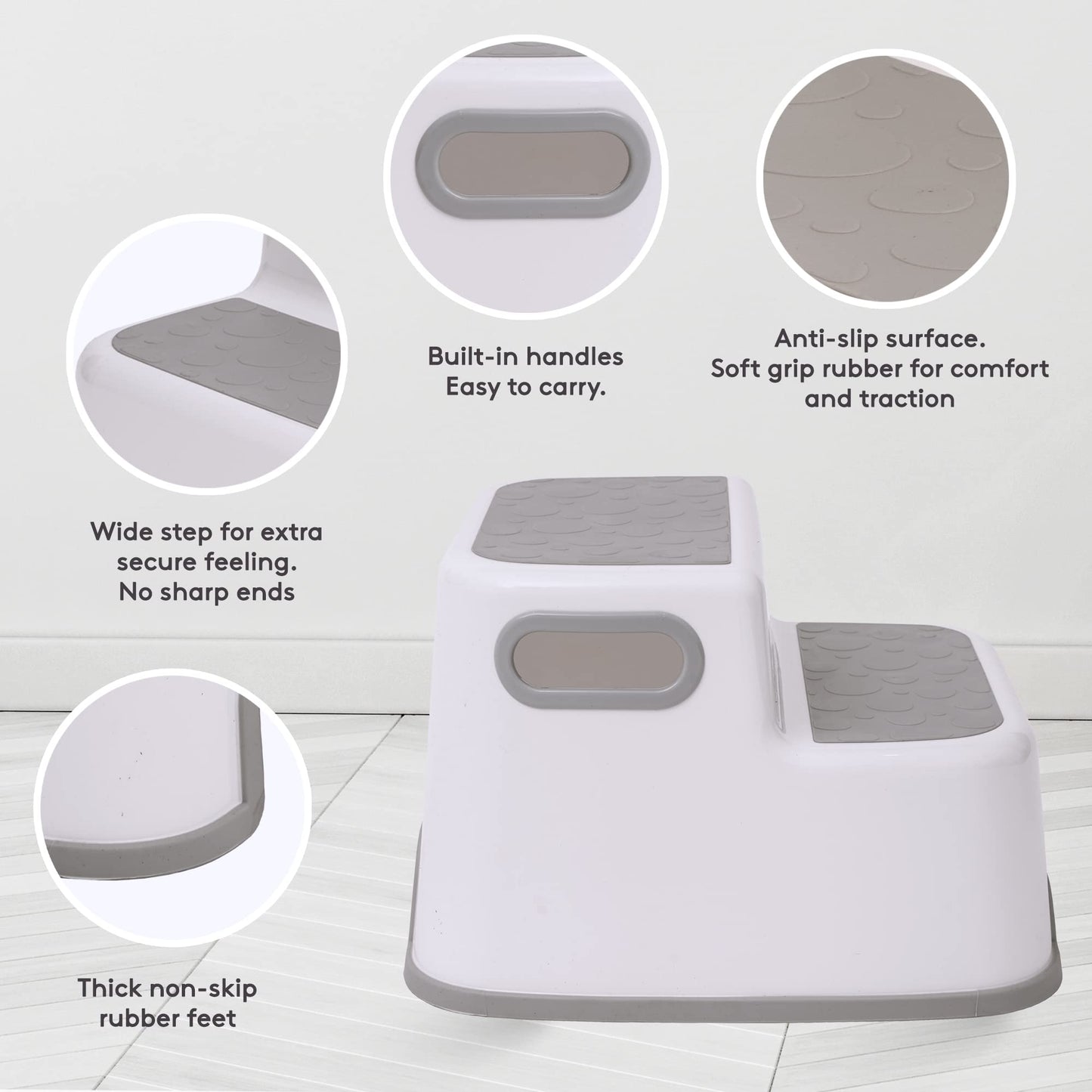Straame Double Step Stool for Kids, Non-Slip 2 Step Stool for Toddlers with Built-in Handles, Step Stool for Potty Training, Bathroom and Kitchen, Sturdy and Practical Design (White)