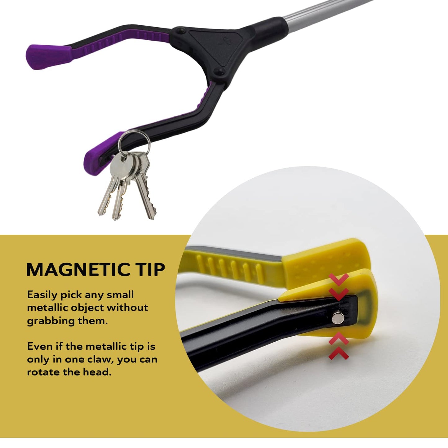 Straame - Foldable Litter Picker Long Arm Rubbish Pick Up Tool with Magnetic Tip, Ergonomic Handle with Rotating Head - Grabber Stick Trash Picker - Anti-Slip Grip - Foldable Reaching Tool (1, Yellow)
