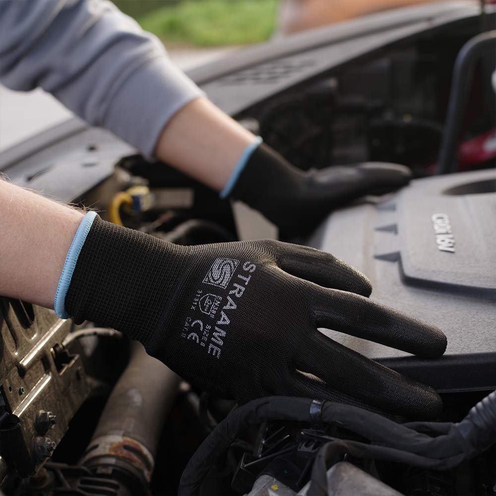 Straame Pack of 12 or 24 Black Safety Work Gloves, Outdoors PU and Nylon Non-Slip Work Handling Gloves, Good Dexterity Firm Grip Protective Working Gloves Size (Pack of 12 Pair's, XL)