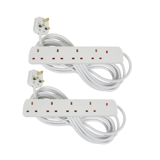 Straame White Extension Lead with 4 Gangs UK Socket Outlet, Secure Power Expansion, Convenient and Slim Socket for Multi-Device Connectivity – 2m Cable - 2 pack