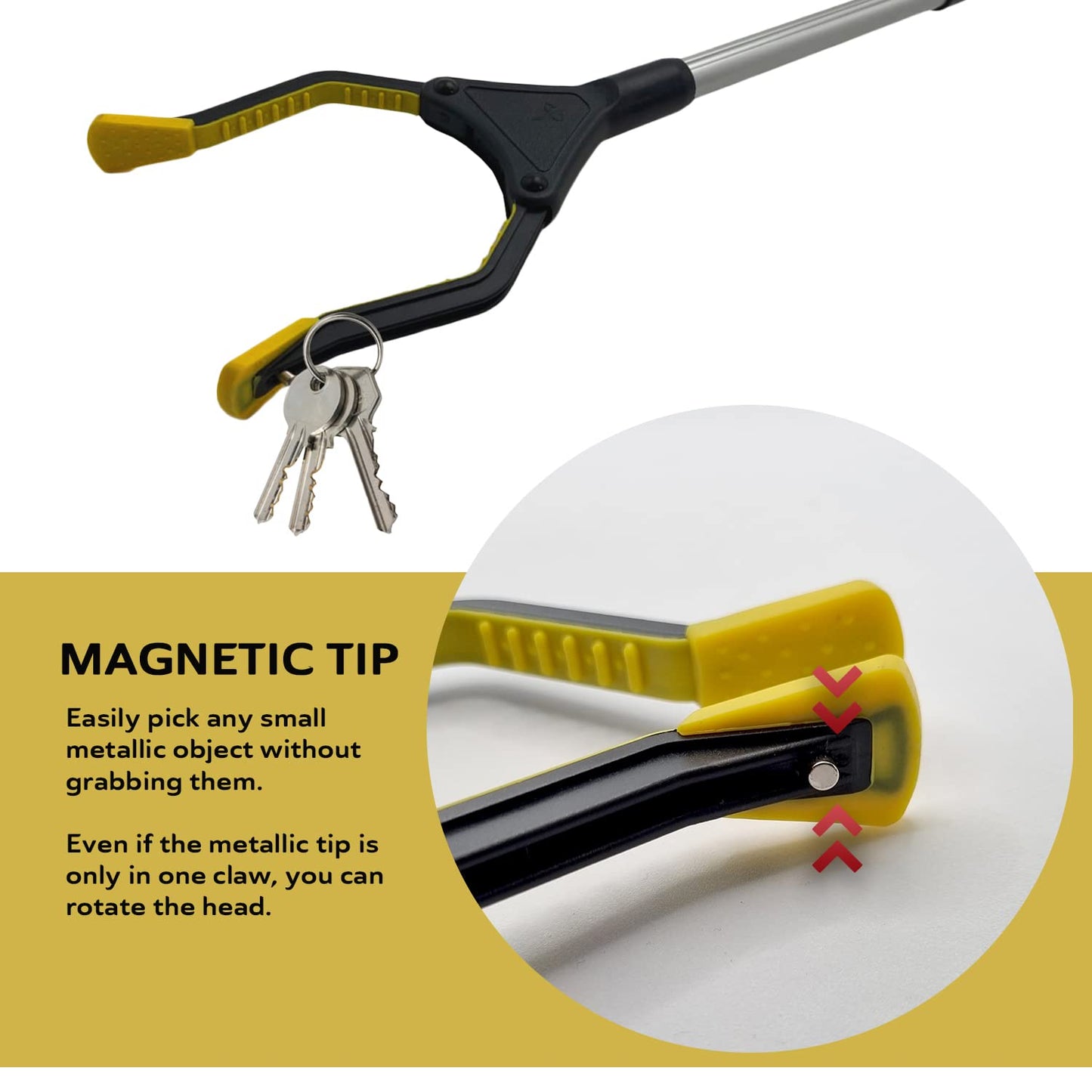 Straame Folding Pick Up Tool with Magnetic Tip, Litter Grabber Picker with Rotating Head and Anti-Slip Grip, Versatile Multi-Purpose Litter Tool, Foldable Reaching Tool (2, Yellow)