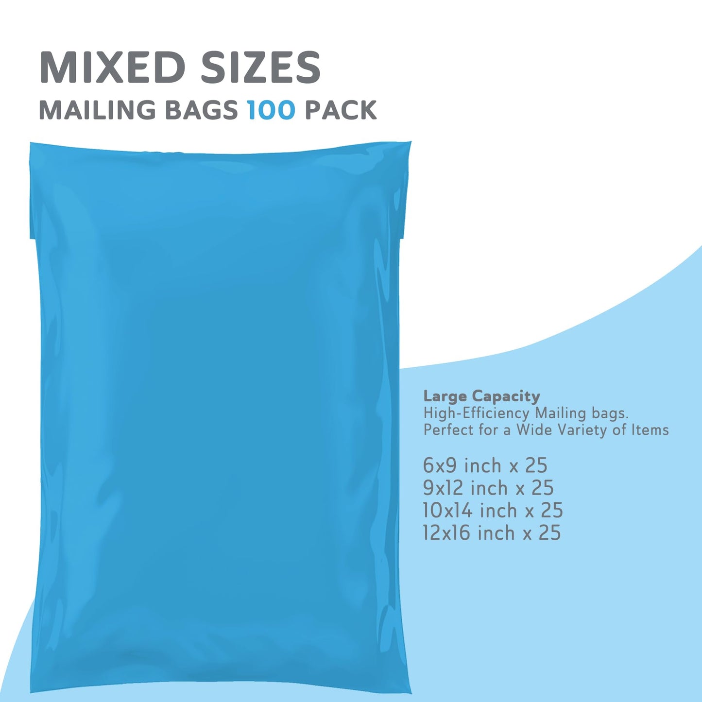 Mixed Size Grey Mailing Postal Bags, Self-Seal Closure Packaging Mailers, Delivery Mailing Bag Flexible and Tempered Proof, Secure Small to Large Postal Mailers (Blue, 100)