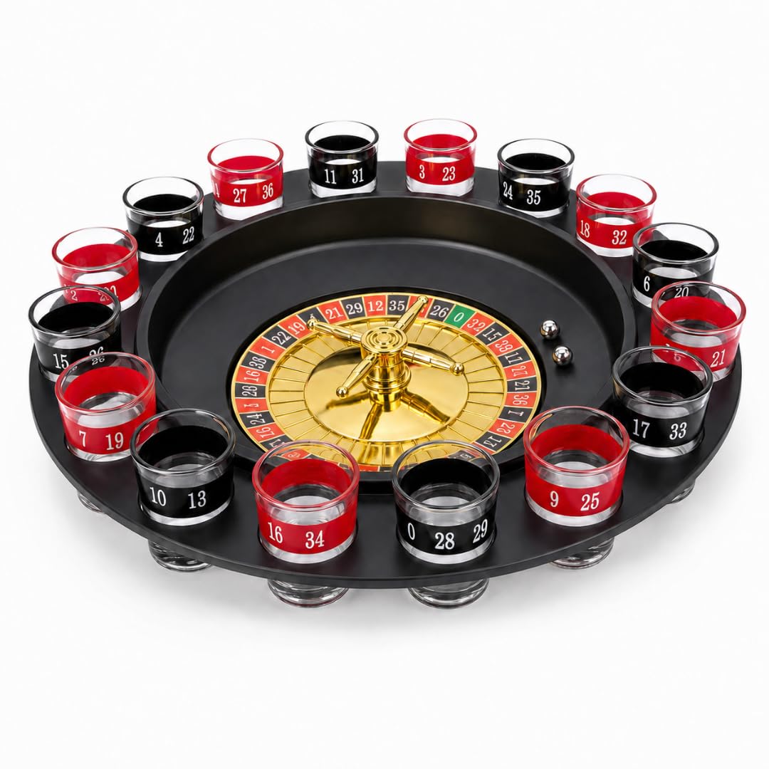 Straame Roulette Drinking Game, 16 Shot Glasses, 2 Balls, Party Set, 1 Pack