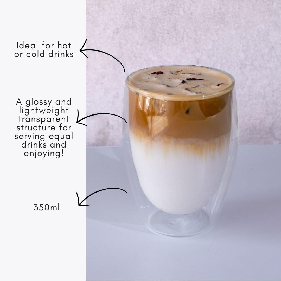 Straame Set of Coffee Glasses, Temperature Resistant Coffee Cups, Stylish Tea and Coffee Pack of Clear Coffee Mugs with Square Handle (350 ml Double Walled 4PK)
