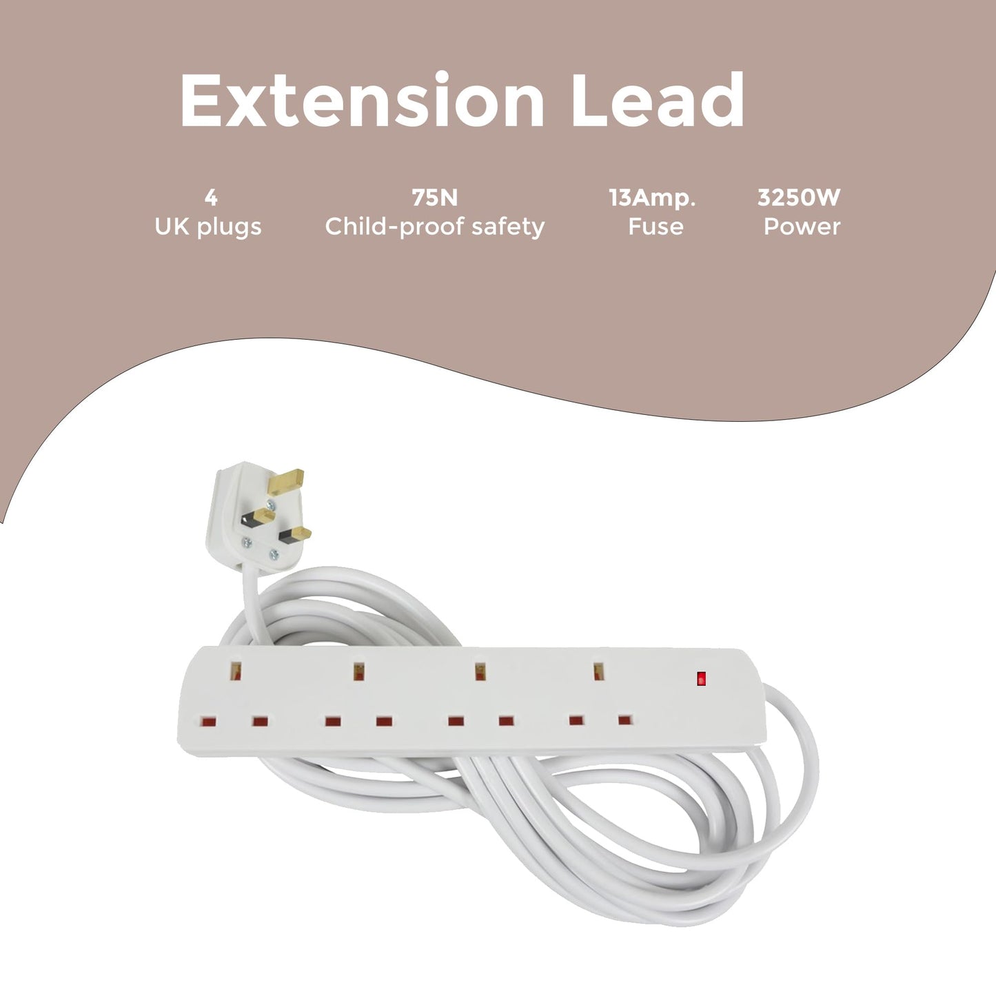 Straame White Extension Lead with 4 Gangs UK Socket Outlet, Secure Power Expansion, Convenient and Slim Socket for Multi-Device Connectivity – 2m Cable - 1 pack