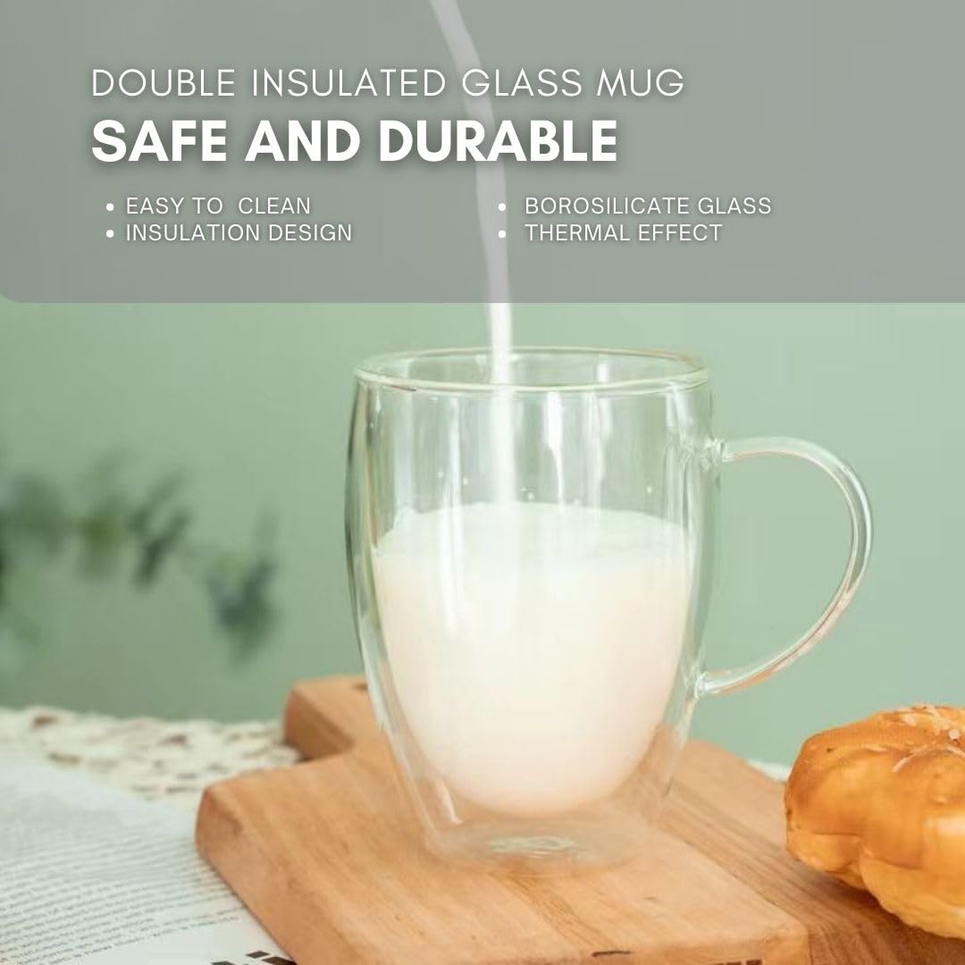 Straame Set of Coffee Glasses, Temperature Resistant Coffee Cups, Stylish Tea and Coffee Pack of Clear Coffee Mugs with Square Handle (350 ml Double wallled 2PK)